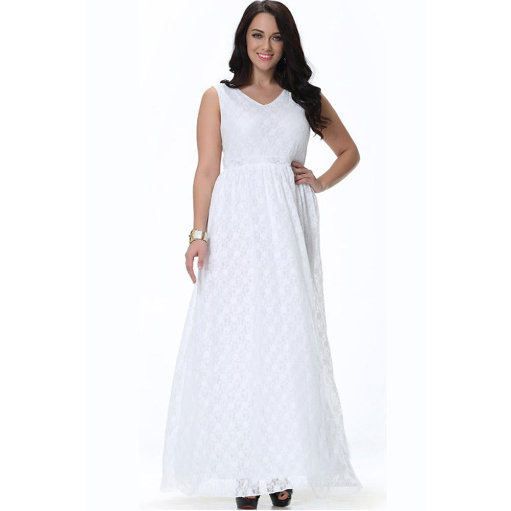 Women Wedding Sleeveless V-Neck Plus Size Dress Pleated Long Dress White