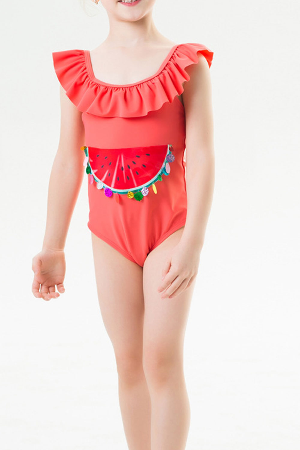 Baby Girls Ruffled Round Neck Sequin Decorated One Piece Swimsuit
