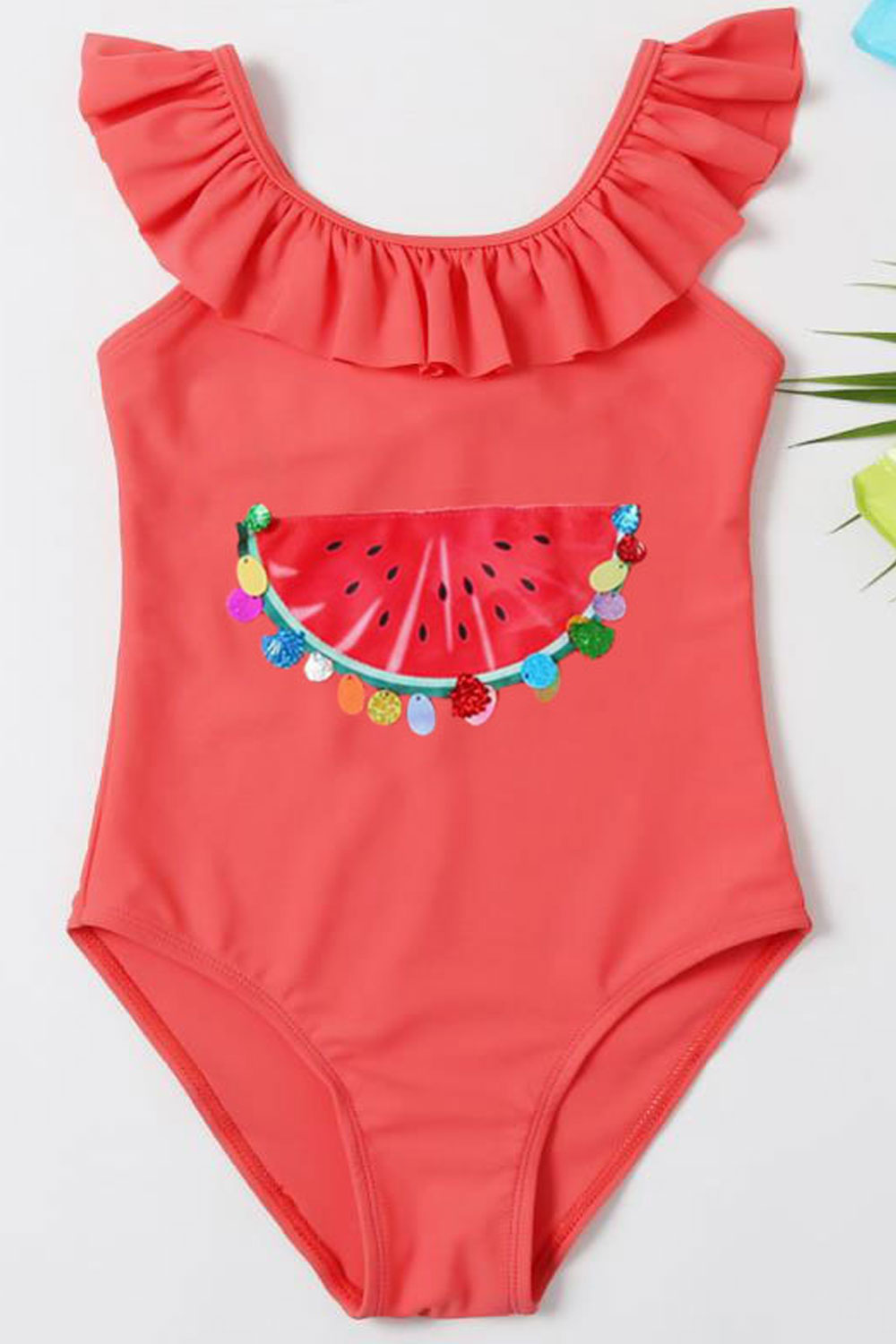 Baby Girls Ruffled Round Neck Sequin Decorated One Piece Swimsuit