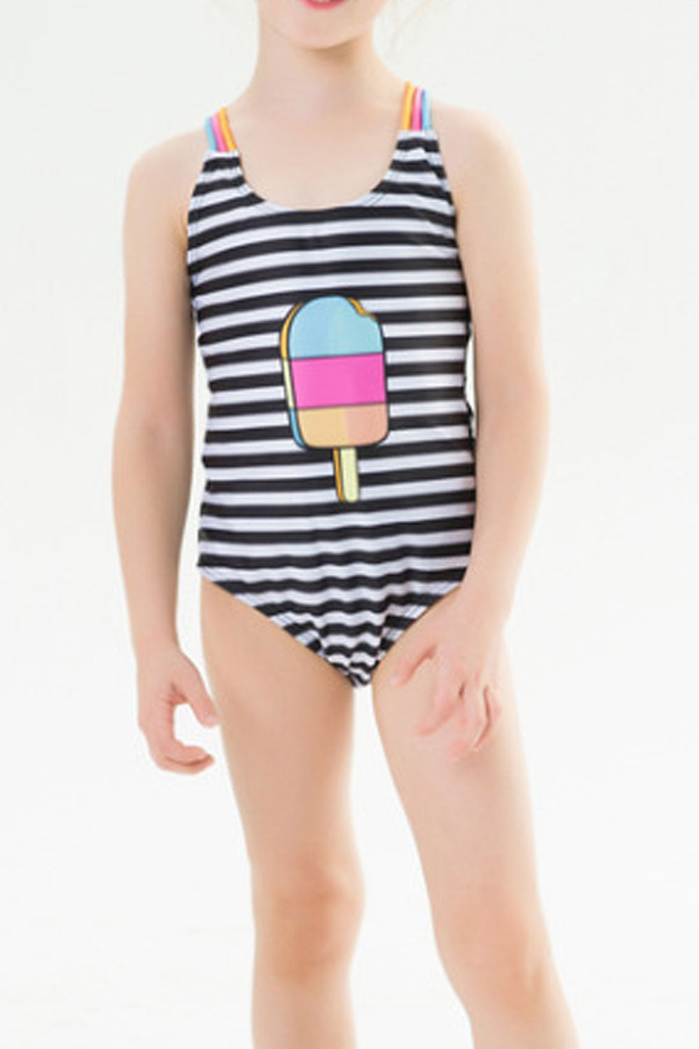 Baby Girls Multi Colored Straps Ice cream Printed One Piece Swimsuit