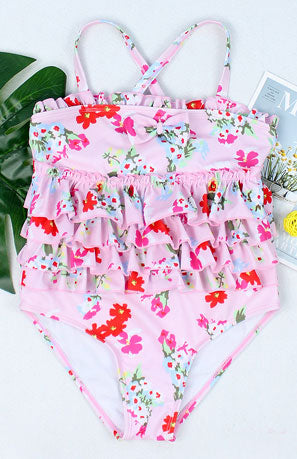 Toddler Girls Ruffled Leaf Floral print Cross Neck One Piece Swimwear