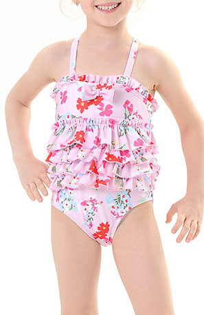 Toddler Girls Ruffled Leaf Floral print Cross Neck One Piece Swimwear