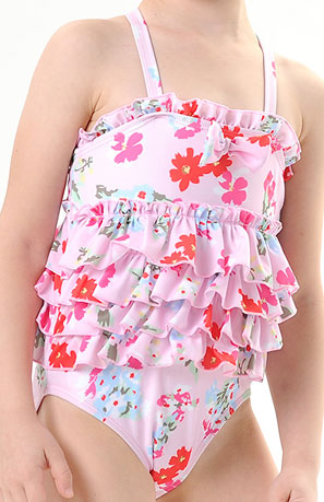 Toddler Girls Ruffled Leaf Floral print Cross Neck One Piece Swimwear