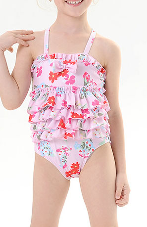 Toddler Girls Ruffled Leaf Floral print Cross Neck One Piece Swimwear