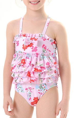 Toddler Girls Ruffled Leaf Floral print Cross Neck One Piece Swimwear