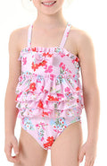 Toddler Girls Ruffled Leaf Floral print Cross Neck One Piece Swimwear