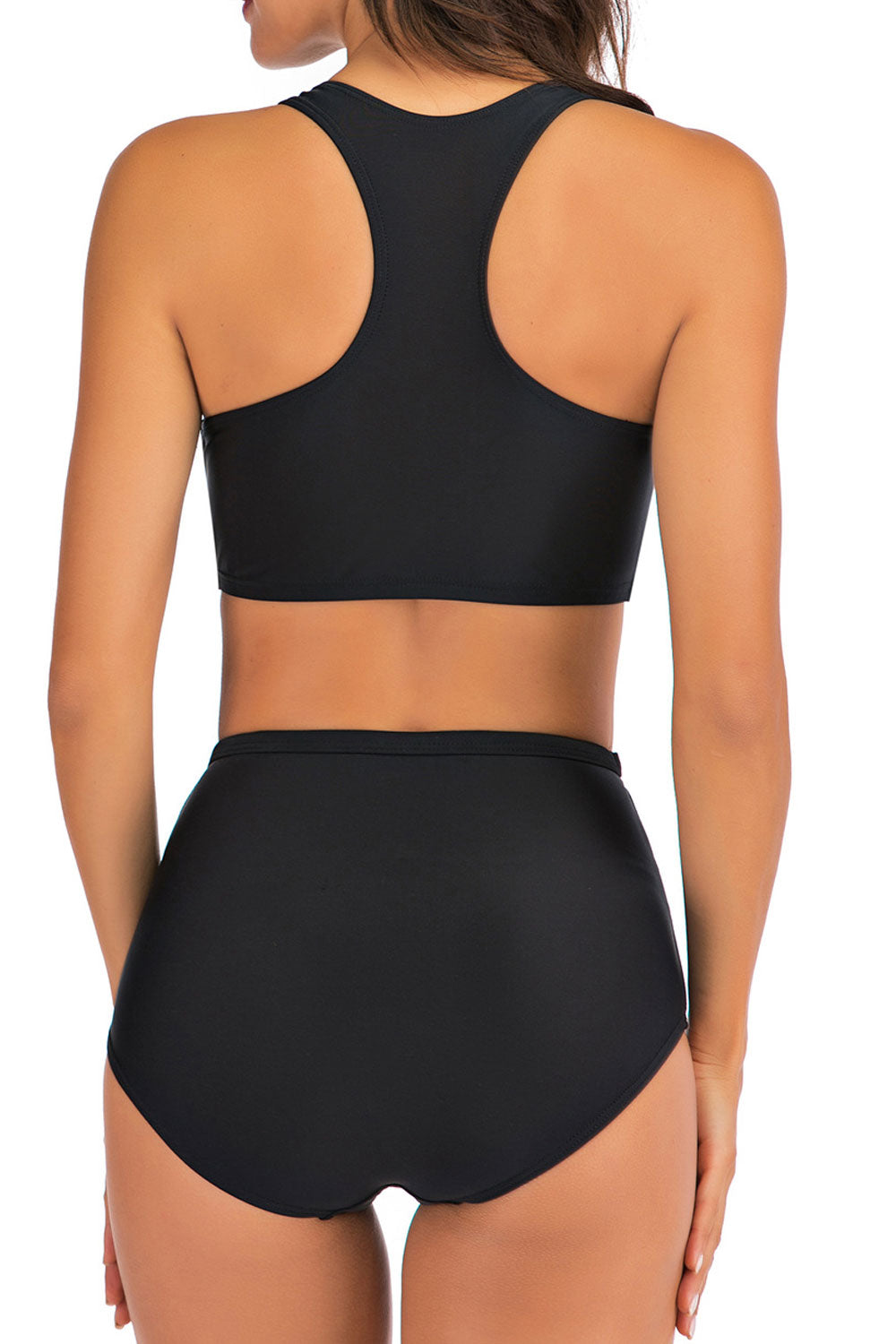 Women Zipper Closure Solid Colored Two Piece Swimsuit Set