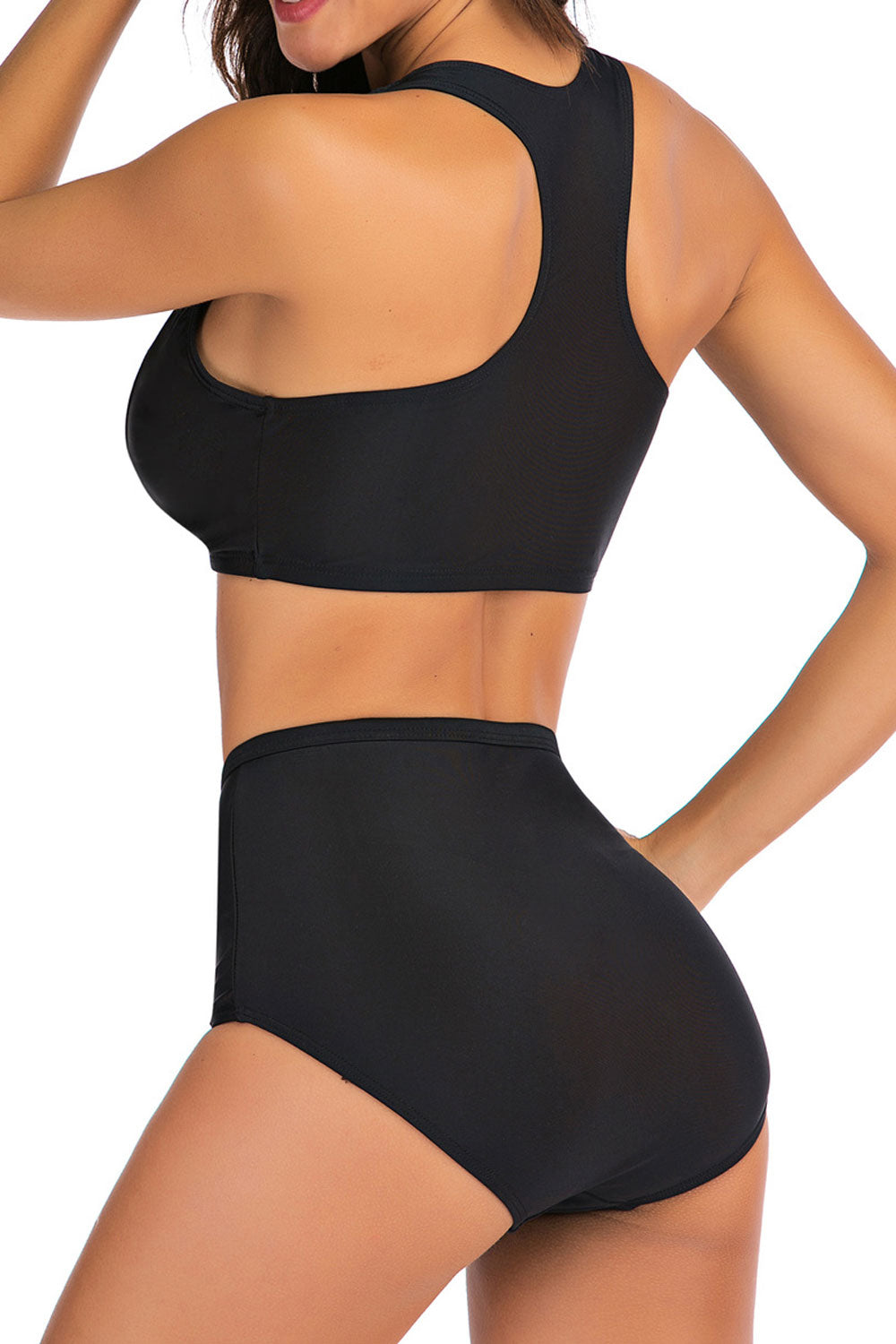 Women Zipper Closure Solid Colored Two Piece Swimsuit Set