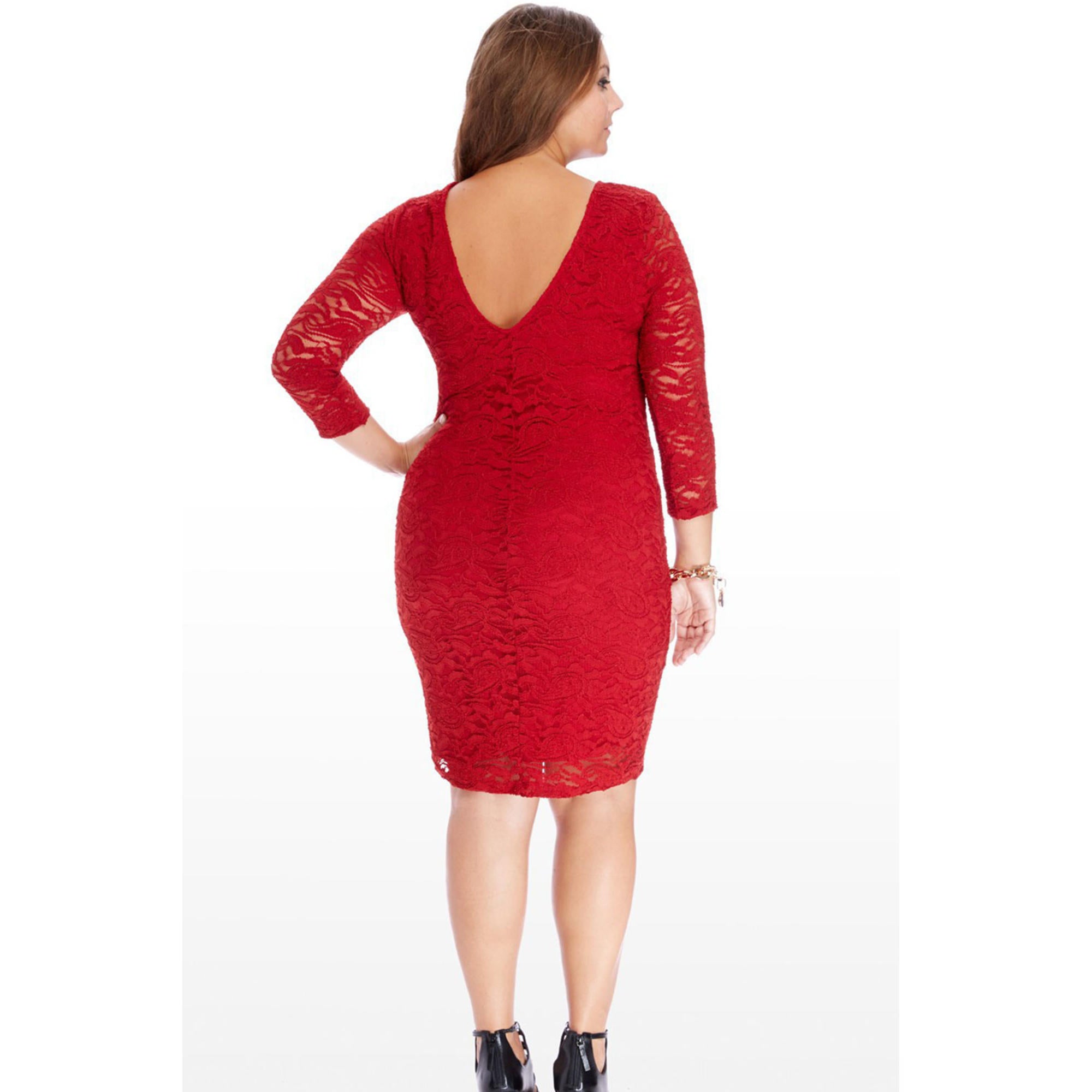 Women Plus Size Lace Embraided Dress Red