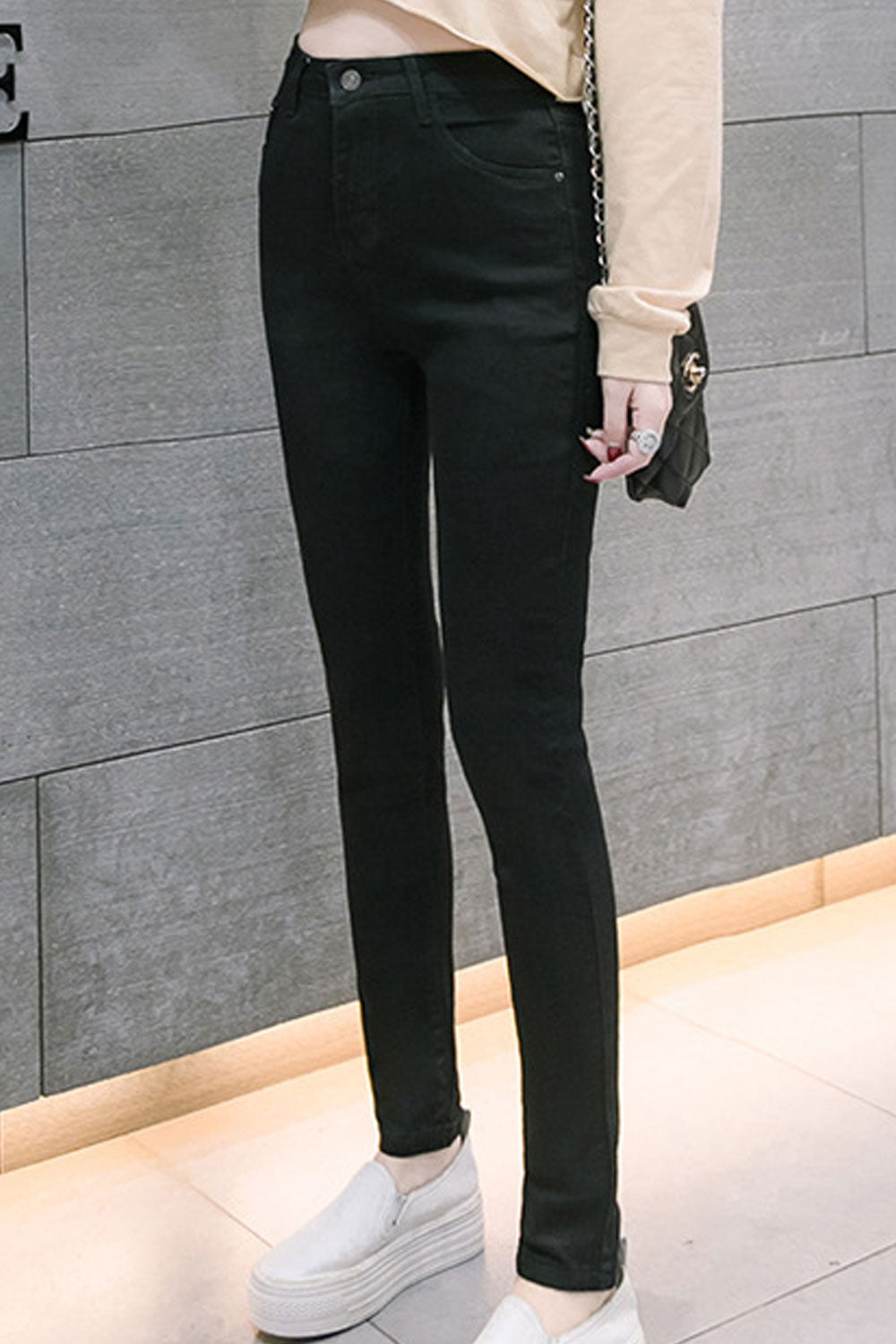 Women Long Slim Casual Wearing Jeans.