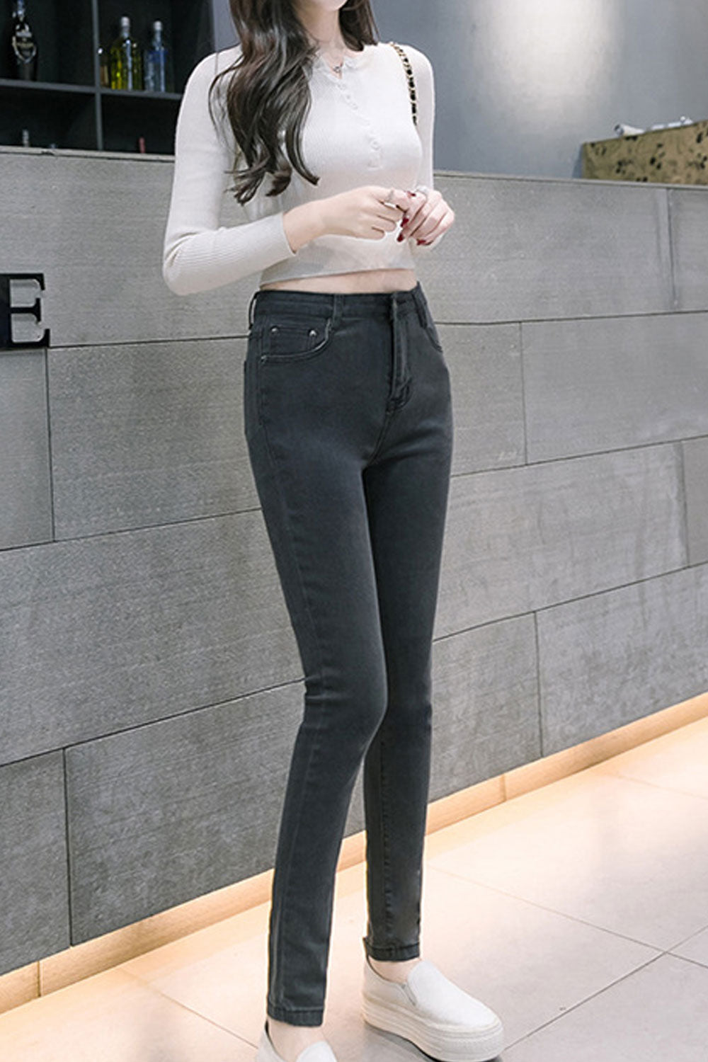 Women Long Slim Casual Wearing Jeans.