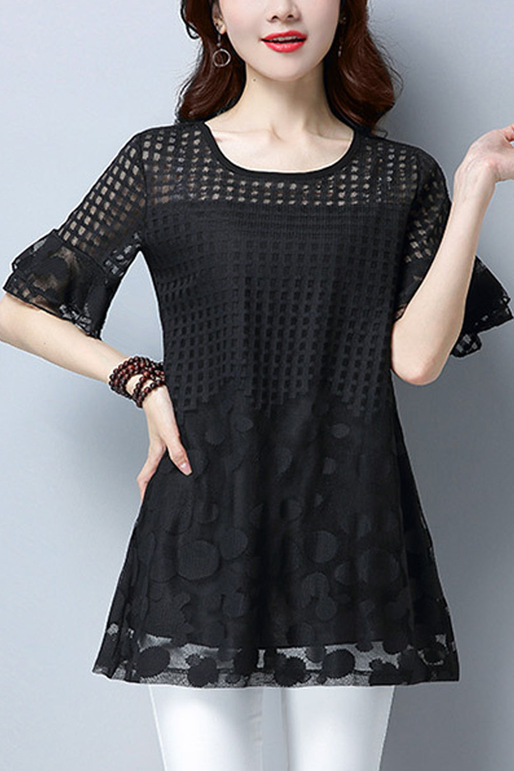Women Polka Dot Lace Short Sleeve Beautiful Top