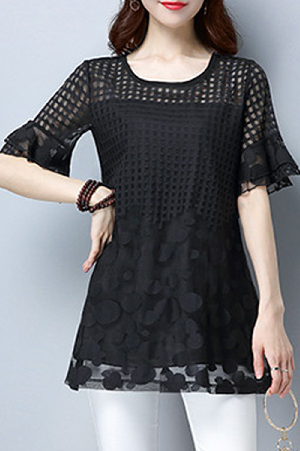 Women Polka Dot Lace Short Sleeve Beautiful Top