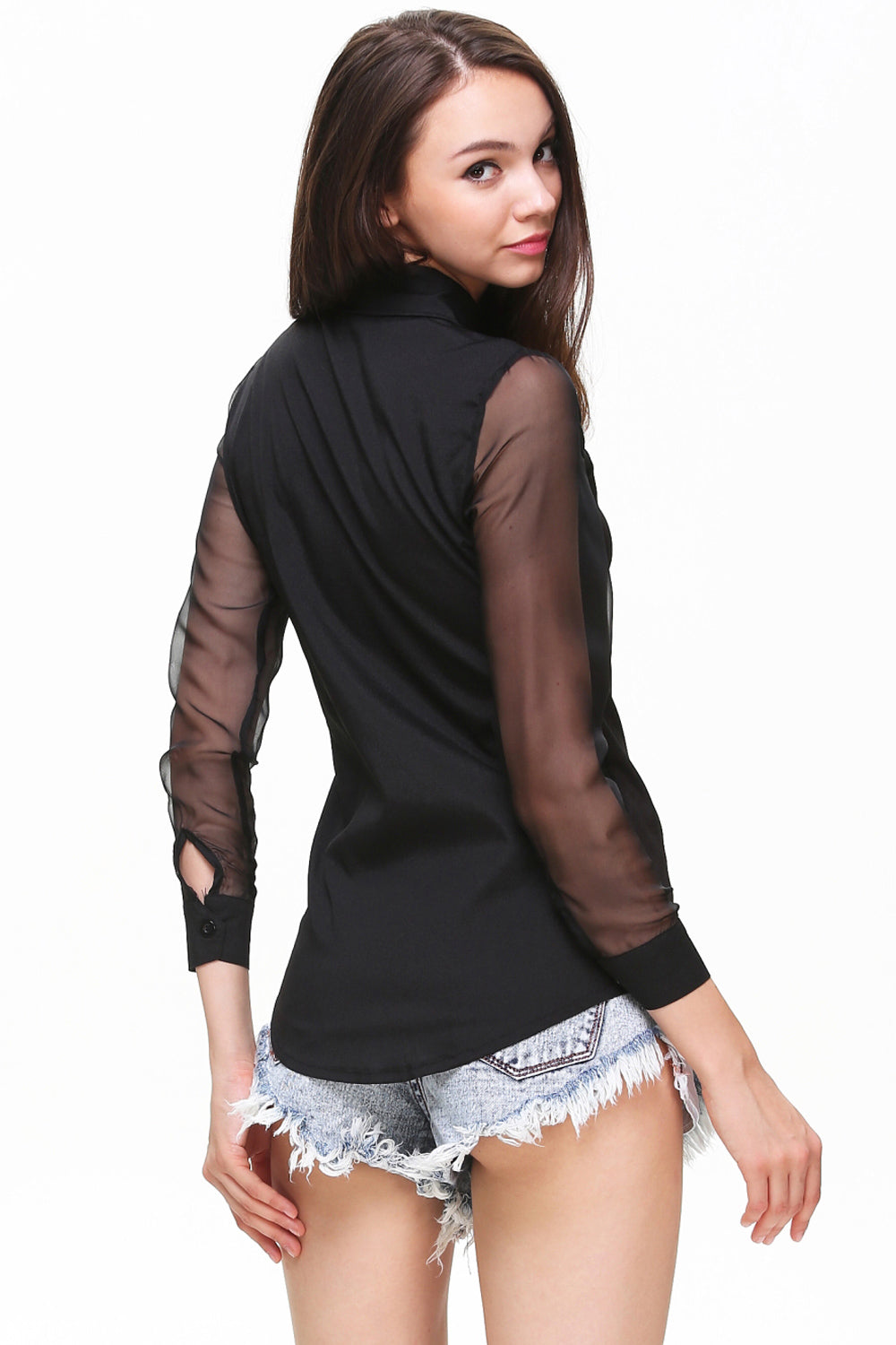 Women's Long Transparent Sleeves Collar Neck Shirt Black