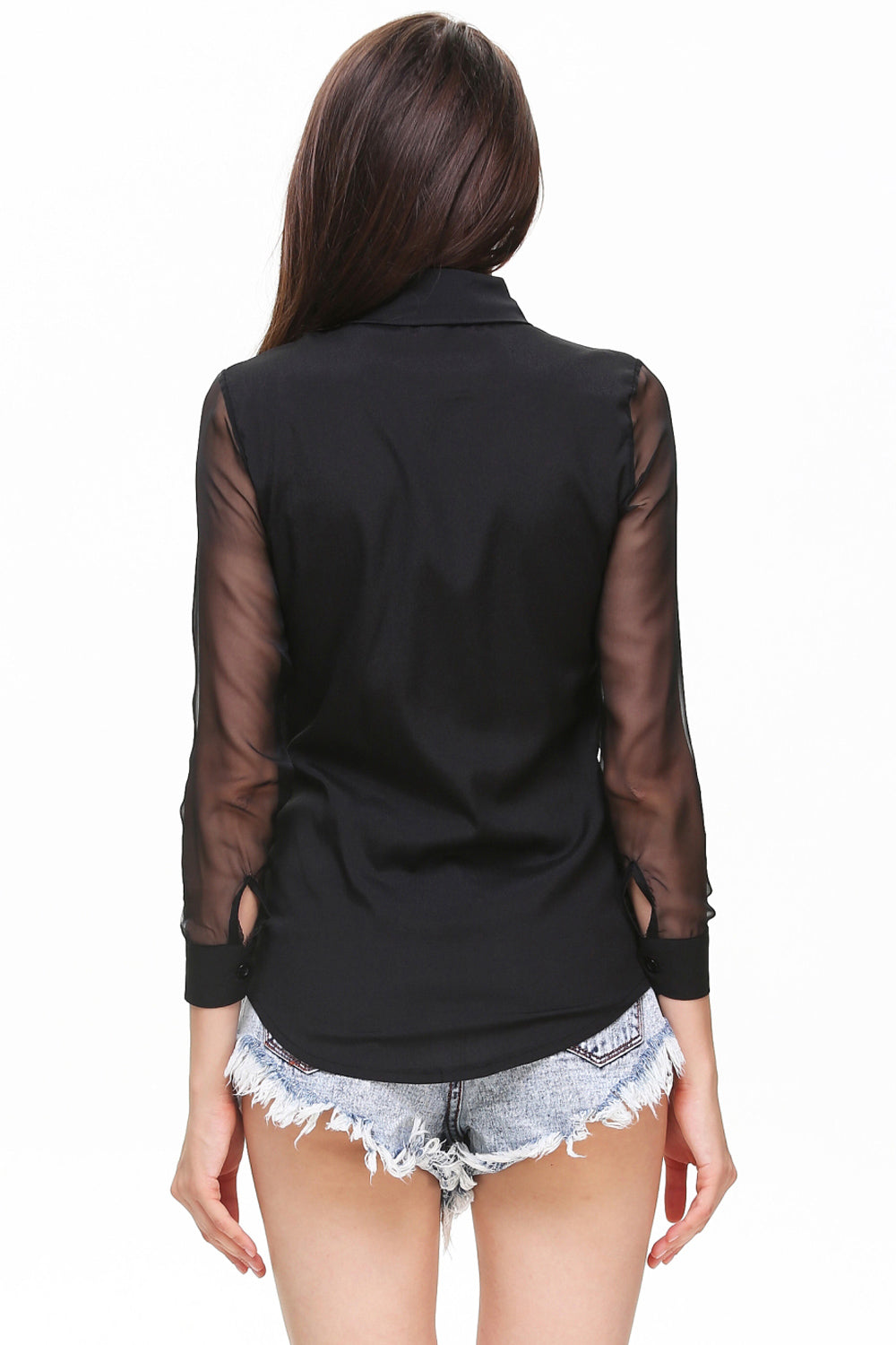 Women's Long Transparent Sleeves Collar Neck Shirt Black