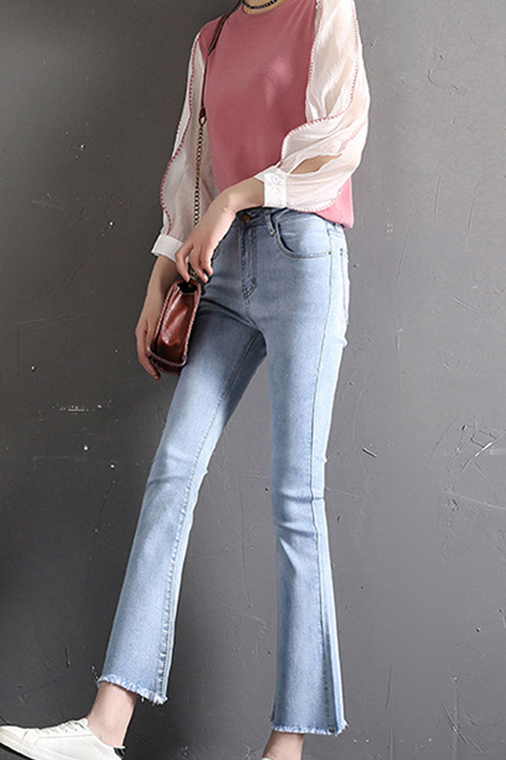 Women Zipper Attached Long Slim Jeans