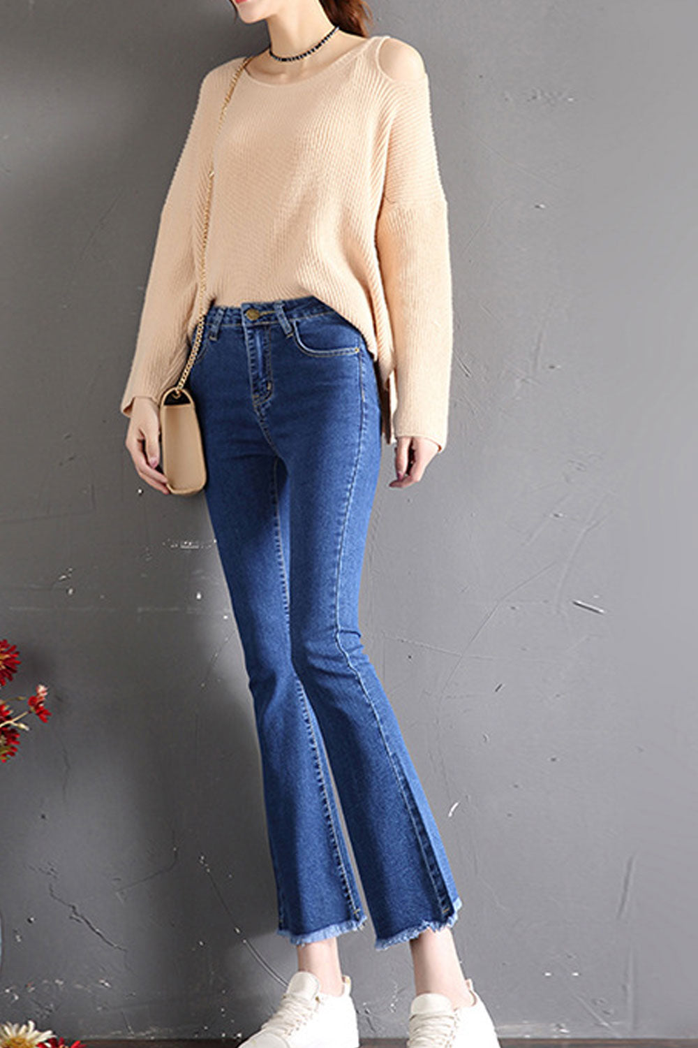 Women Zipper Attached Long Slim Jeans
