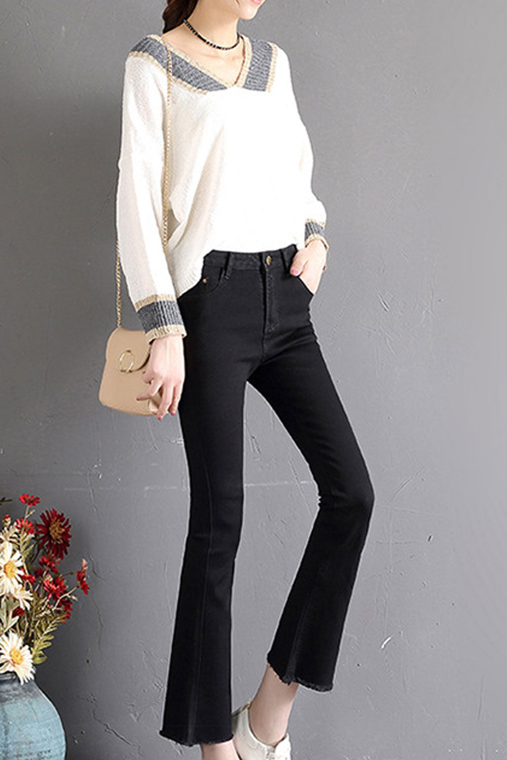 Women Zipper Attached Long Slim Jeans