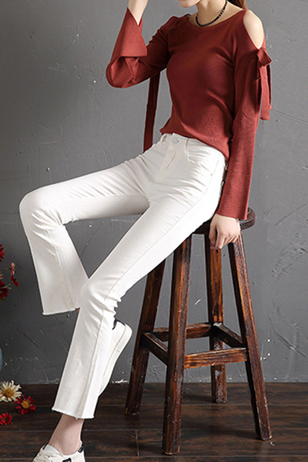 Women Zipper Attached Long Slim Jeans
