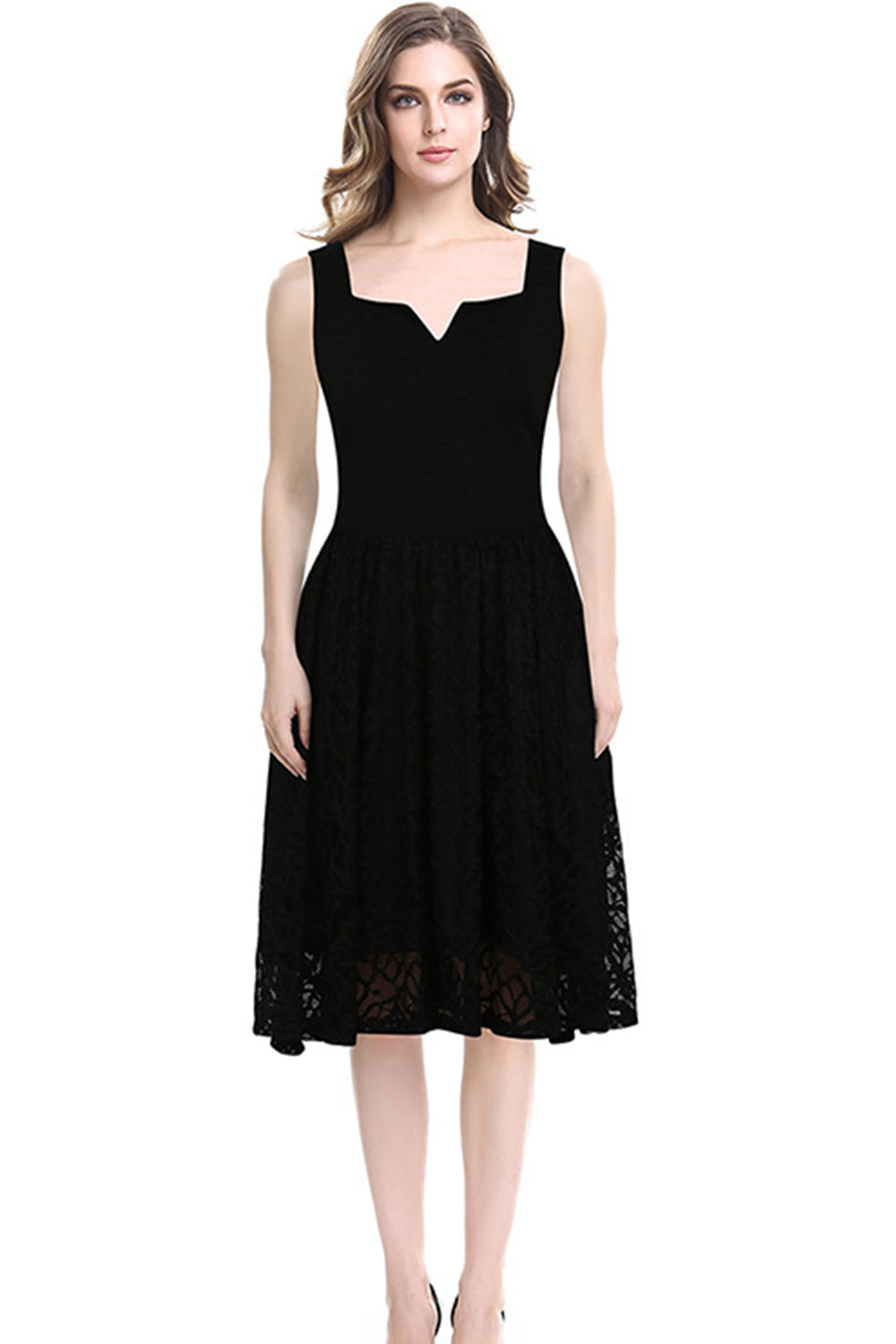 Women Pleated Knee Long Sleeveless Lace Skirt Dress