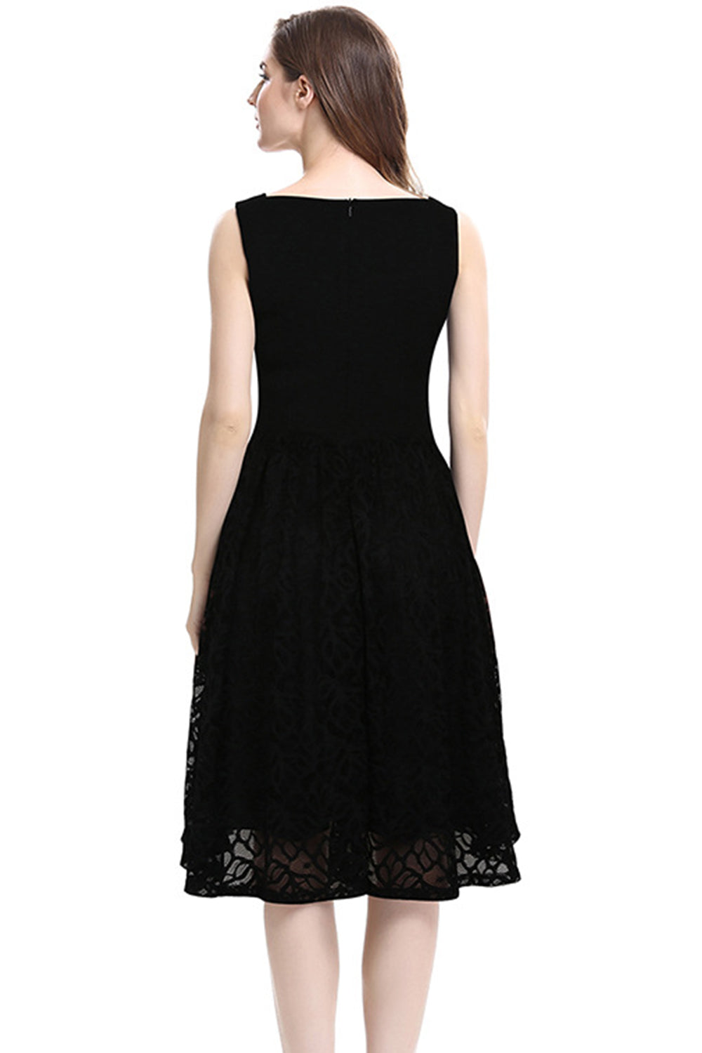 Women Pleated Knee Long Sleeveless Lace Skirt Dress