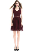 Women V-Neck Lace Up Pleated Skirt Above Knee Dress
