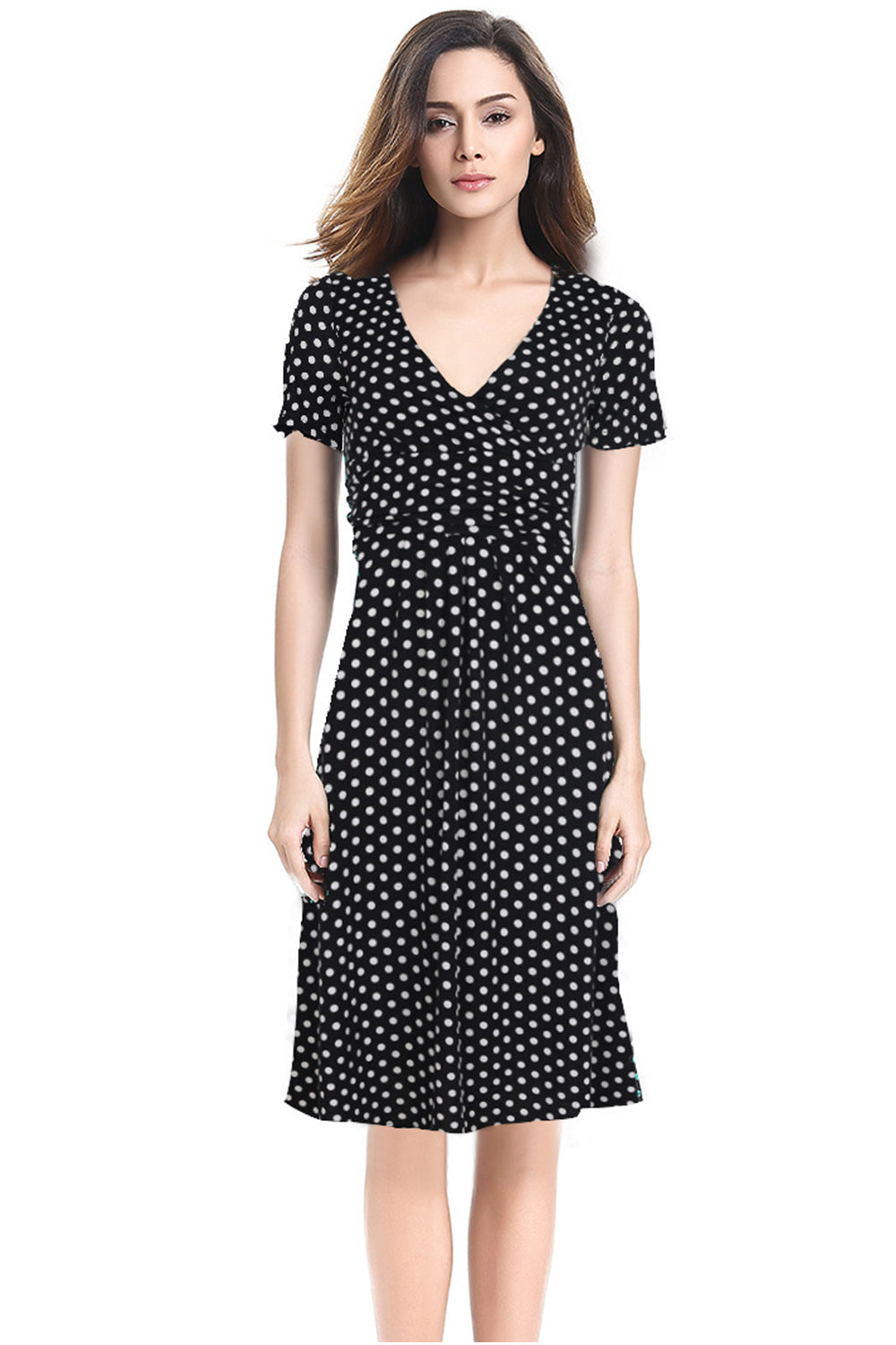 Women Polka Dot Print Above Knee Slim V-Neck Dress