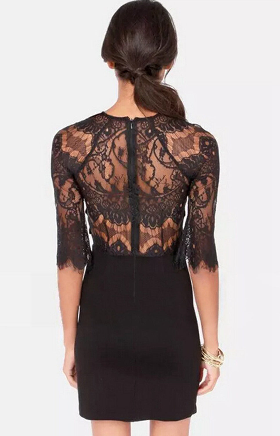 Women High Neck Elbow Sleeve Lace Up Bodycon Dress