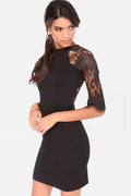 Women High Neck Elbow Sleeve Lace Up Bodycon Dress
