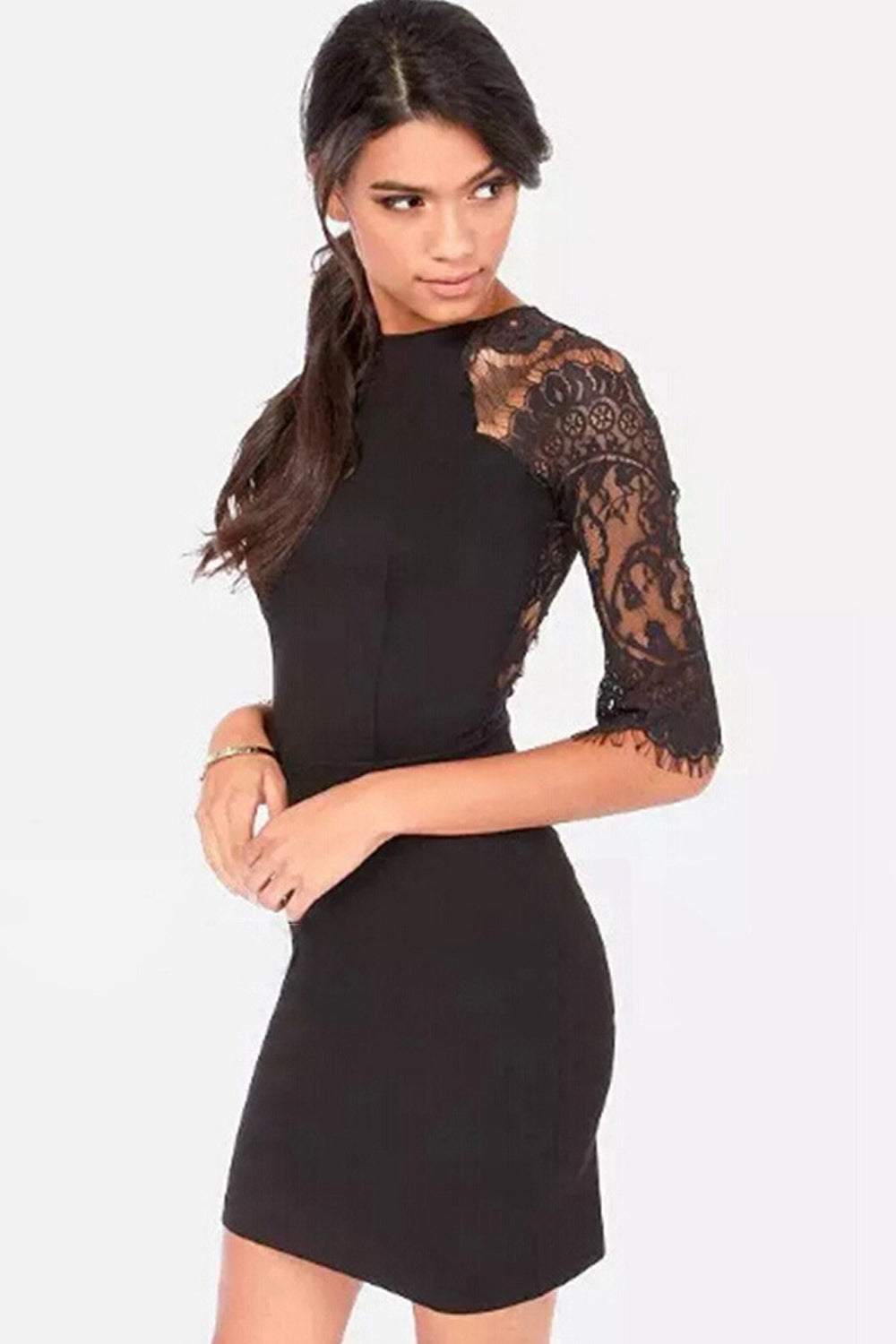 Women High Neck Elbow Sleeve Lace Up Bodycon Dress