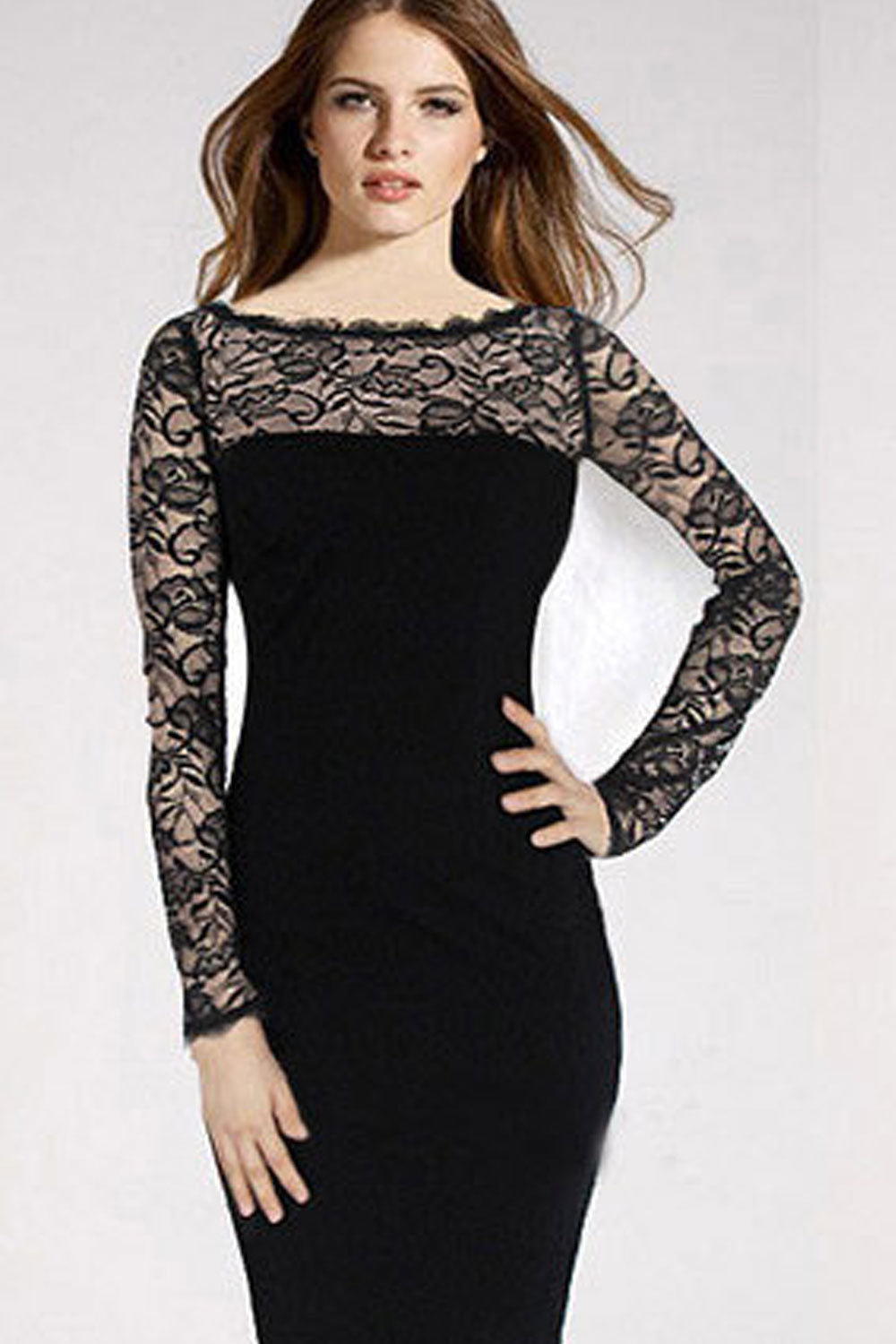Women Slimming Boat Neck Long Sleeve Pencil Dress