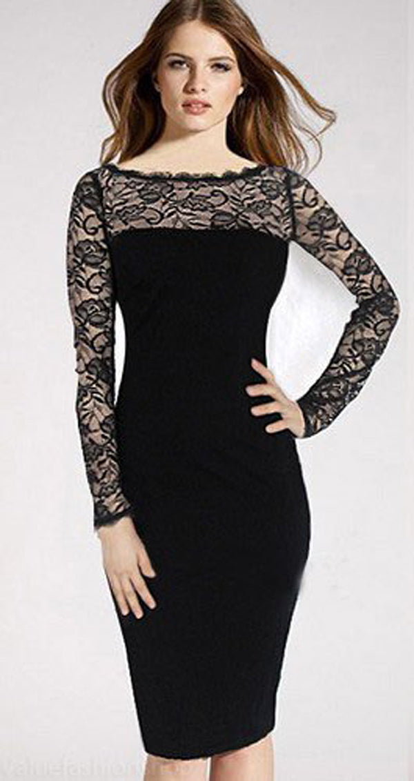 Women Slimming Boat Neck Long Sleeve Pencil Dress