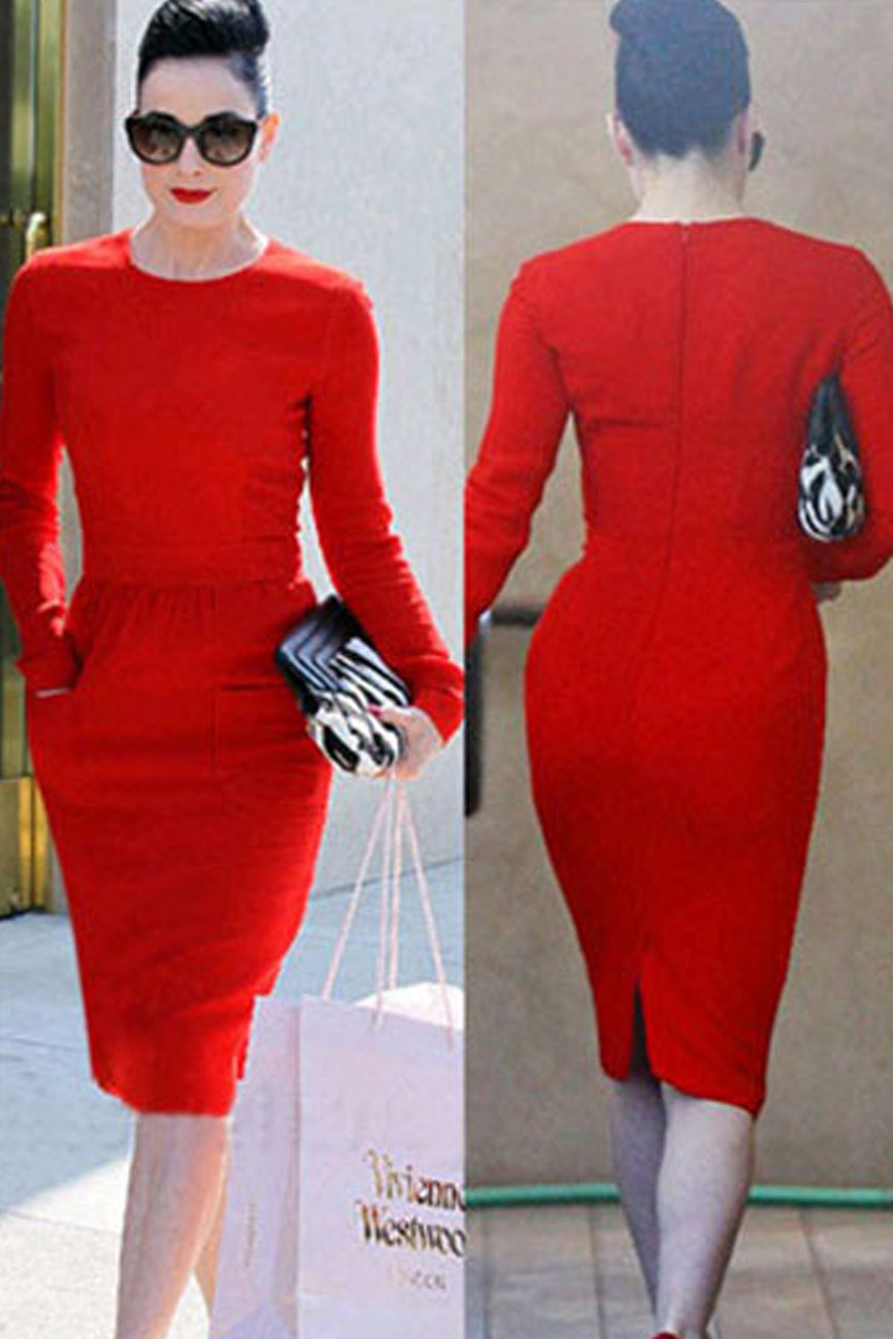 Women Round Neck Long Sleeve Slim Fit Sheath Dress