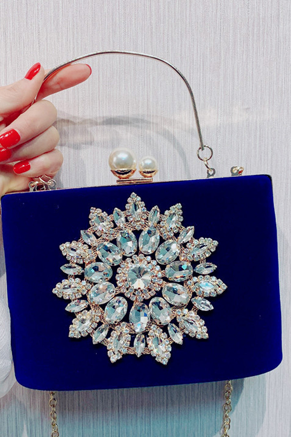 Women Flower Rhinestones Decorated Clutch Square Handbag
