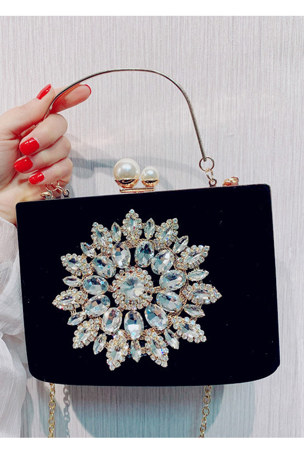 Women Flower Rhinestones Decorated Clutch Square Handbag