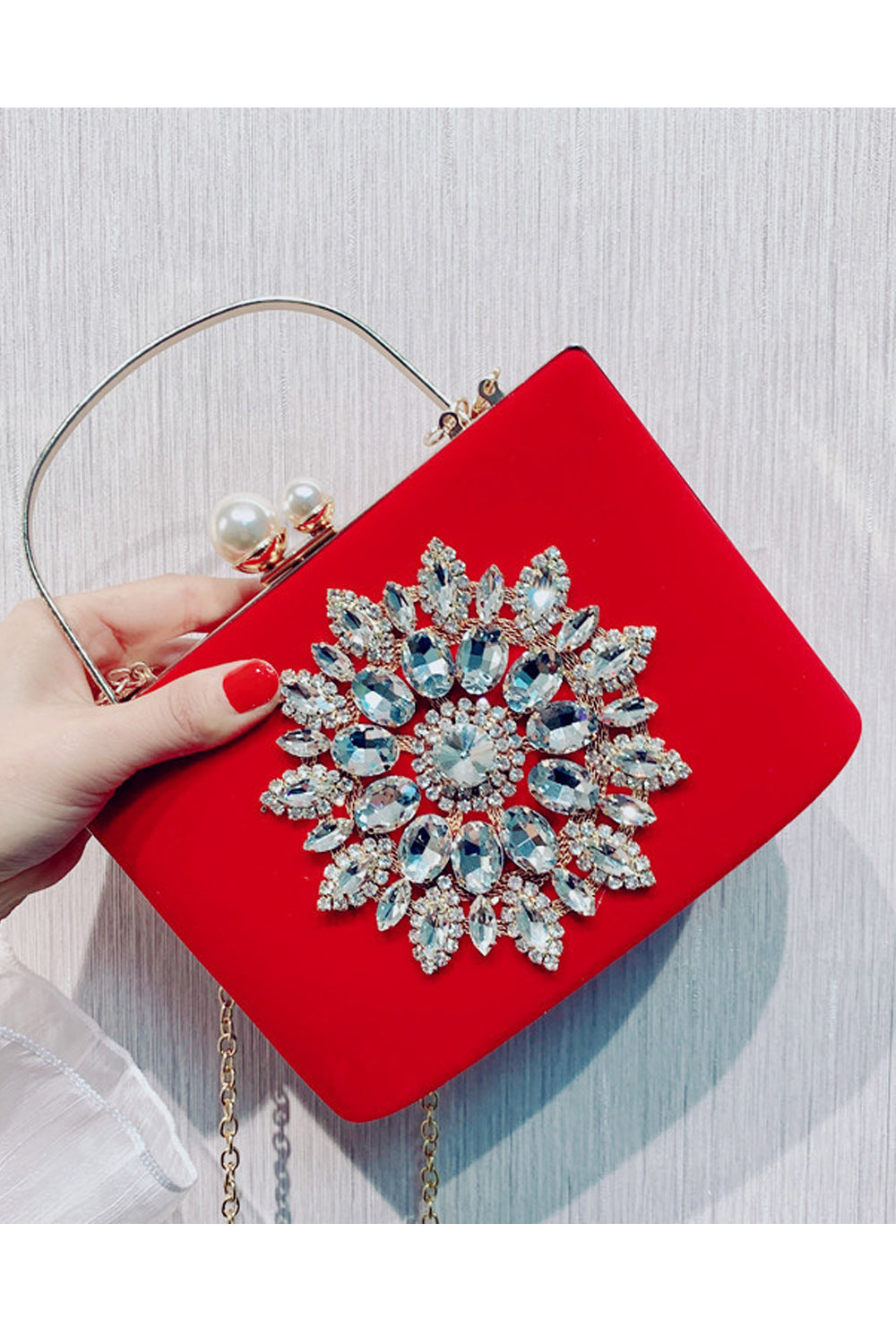 Women Flower Rhinestones Decorated Clutch Square Handbag