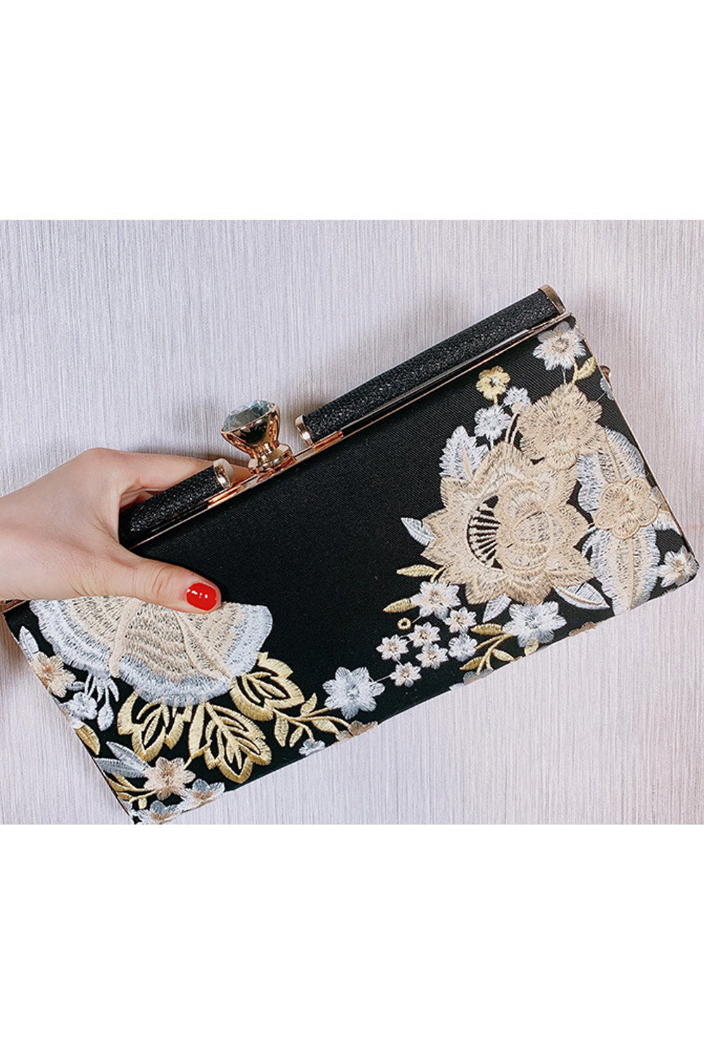 Women Embroidered Hook Closure Parties Clutch Bag