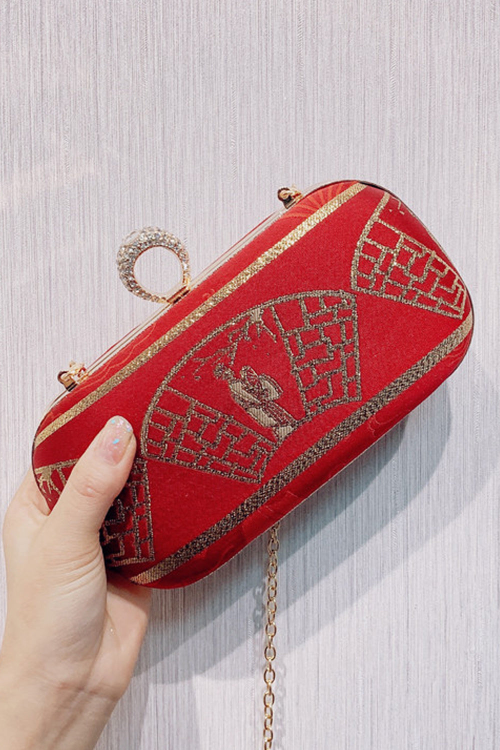 Women Fashion Ring Hook Closure Printed Diagonal Handbag
