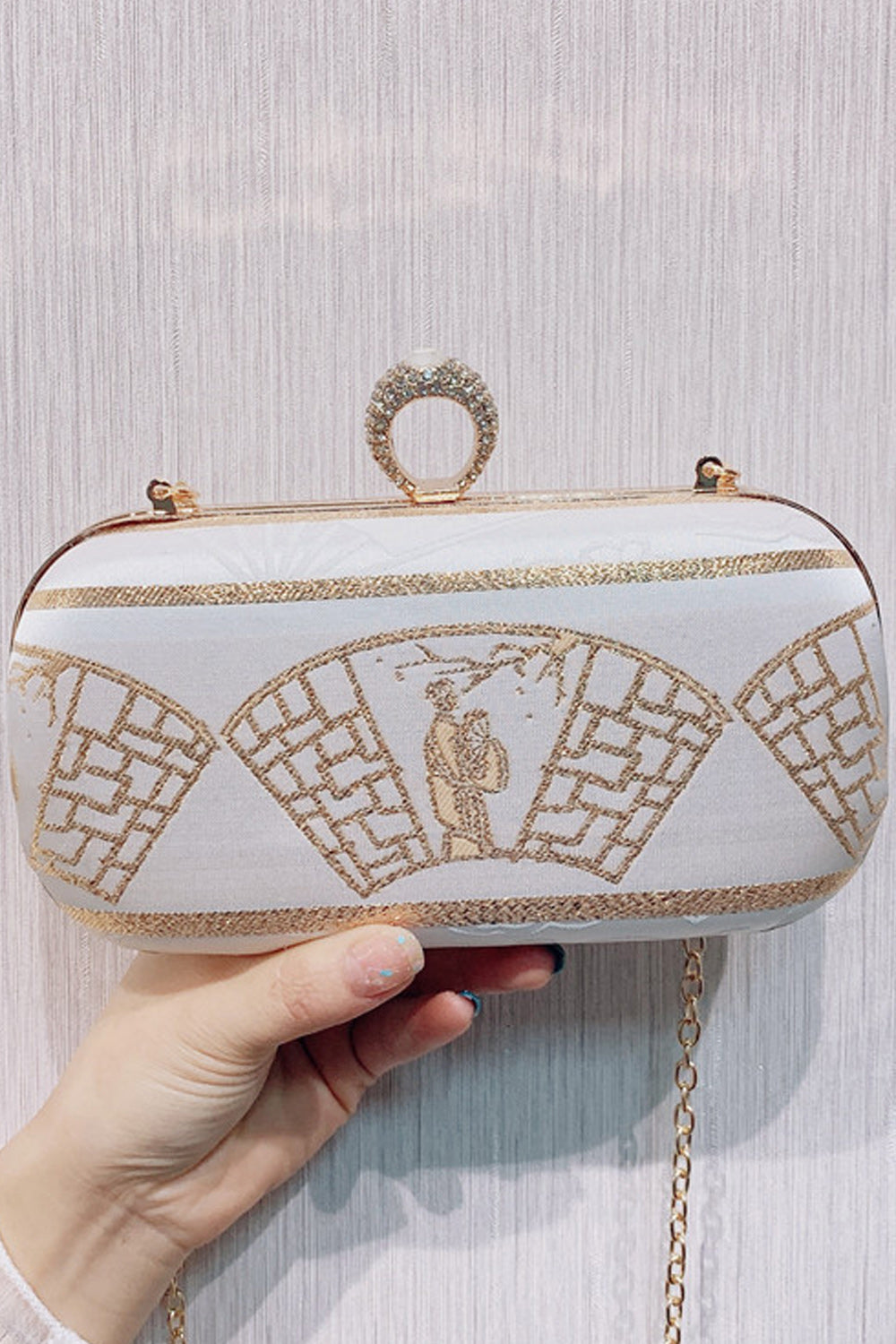 Women Fashion Ring Hook Closure Printed Diagonal Handbag