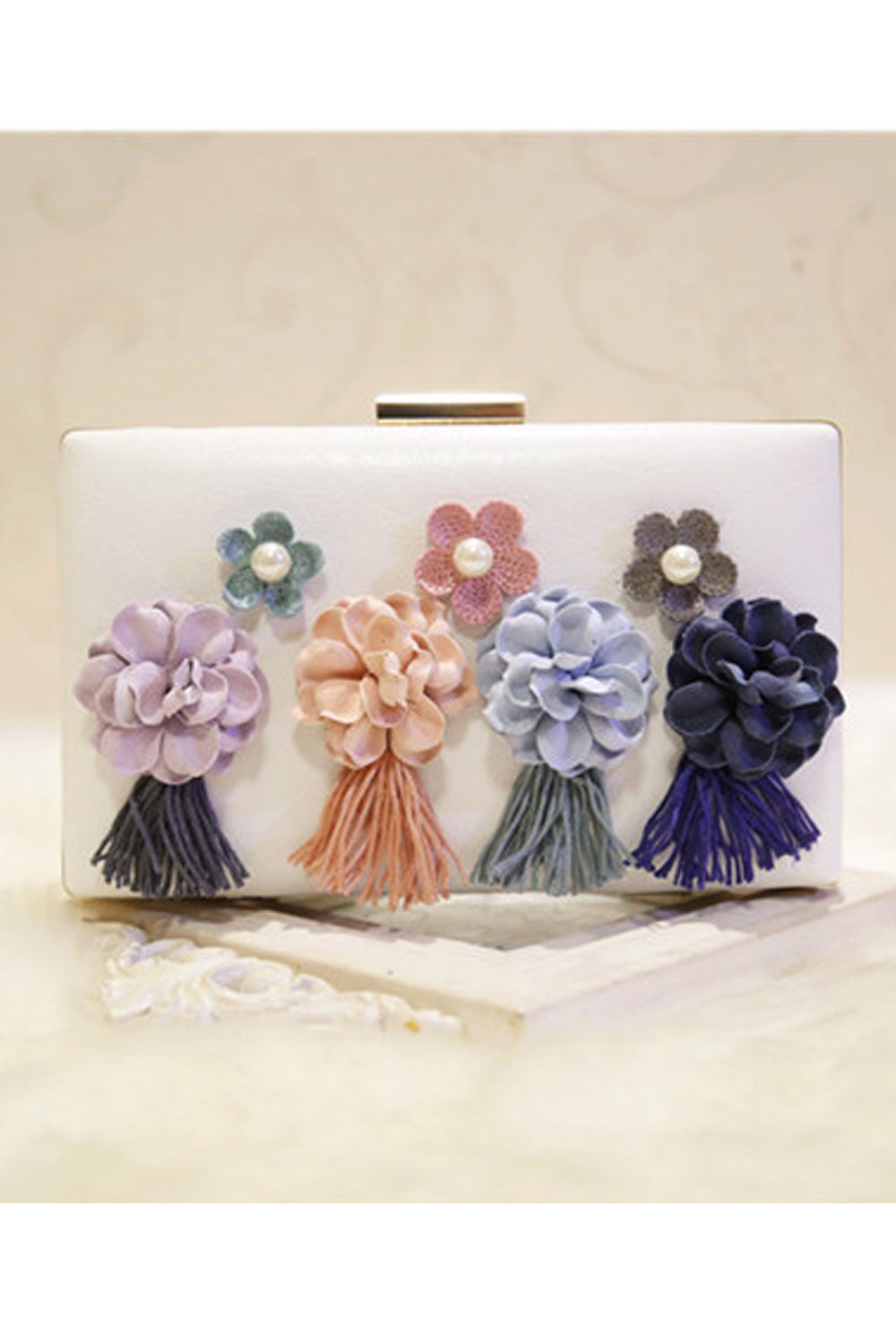 Women Hook Closure Flower Decorated Tassel Square Clutch Bag