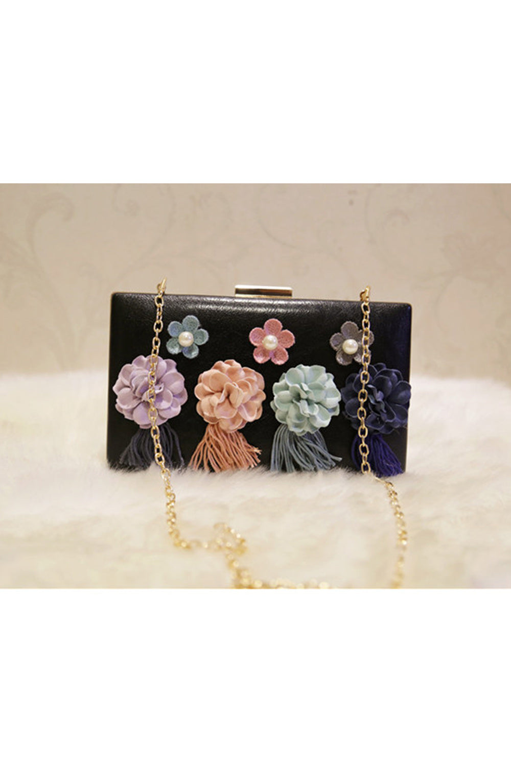 Women Hook Closure Flower Decorated Tassel Square Clutch Bag