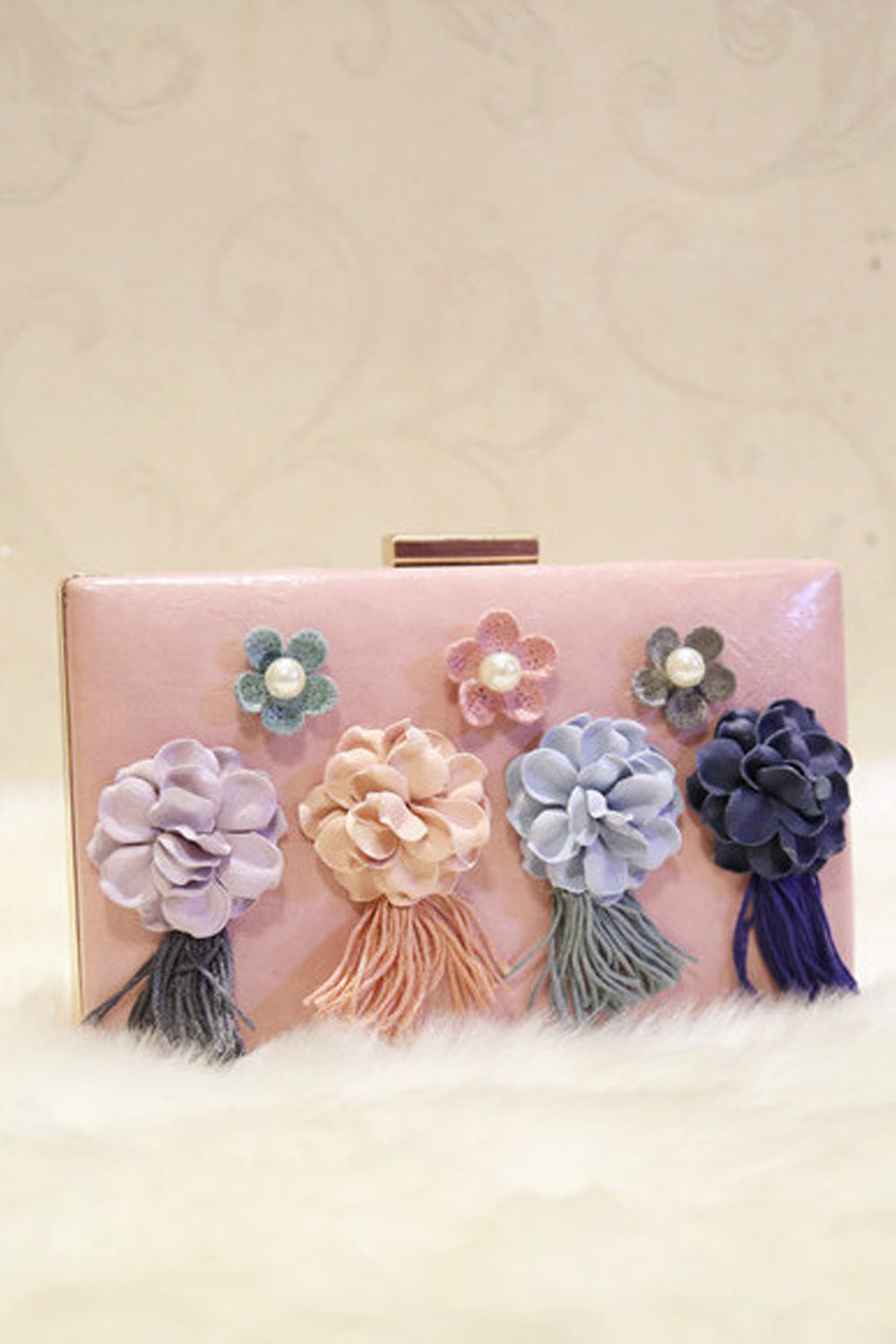 Women Hook Closure Flower Decorated Tassel Square Clutch Bag