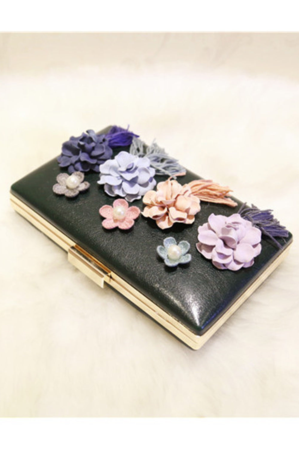 Women Hook Closure Flower Decorated Tassel Square Clutch Bag