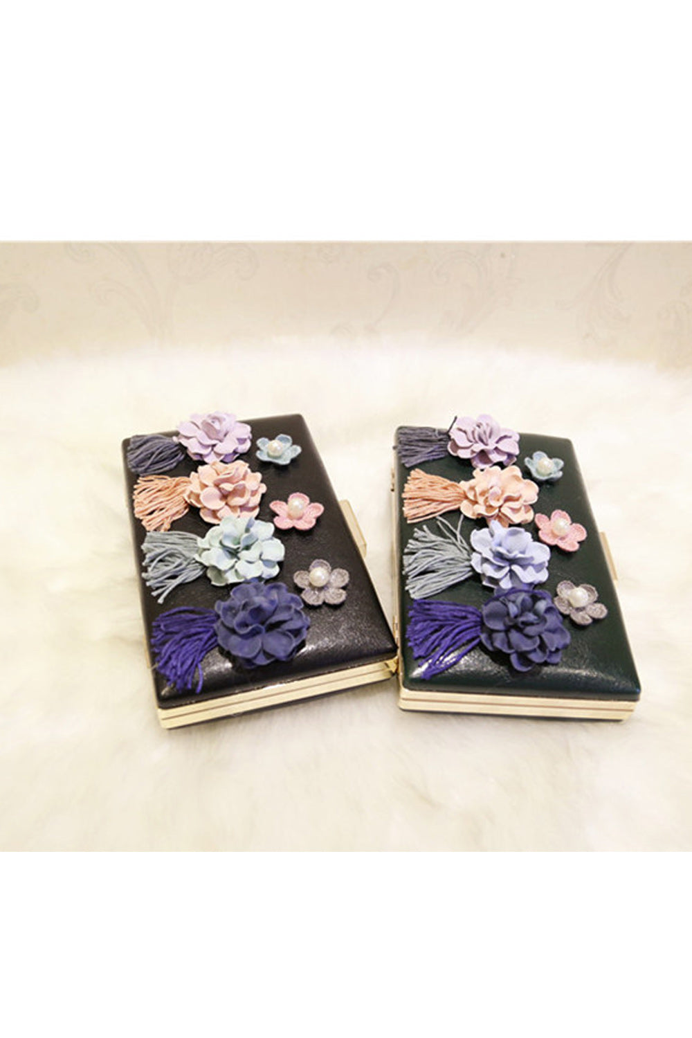 Women Hook Closure Flower Decorated Tassel Square Clutch Bag
