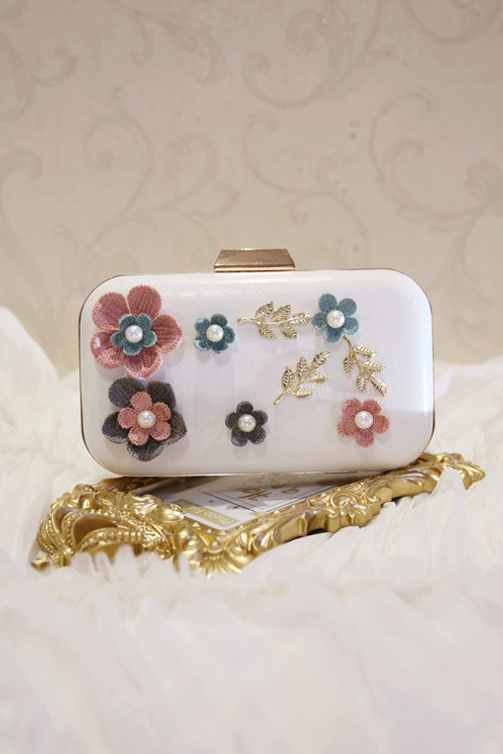Women Flower Decorated Hook Closure Diagonal Evening Clutch Bag