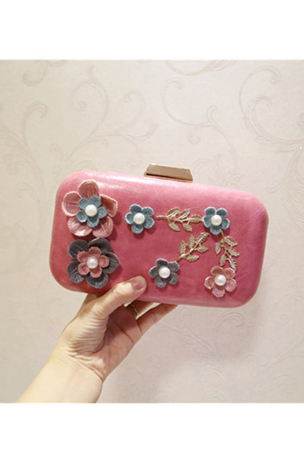 Women Flower Decorated Hook Closure Diagonal Evening Clutch Bag