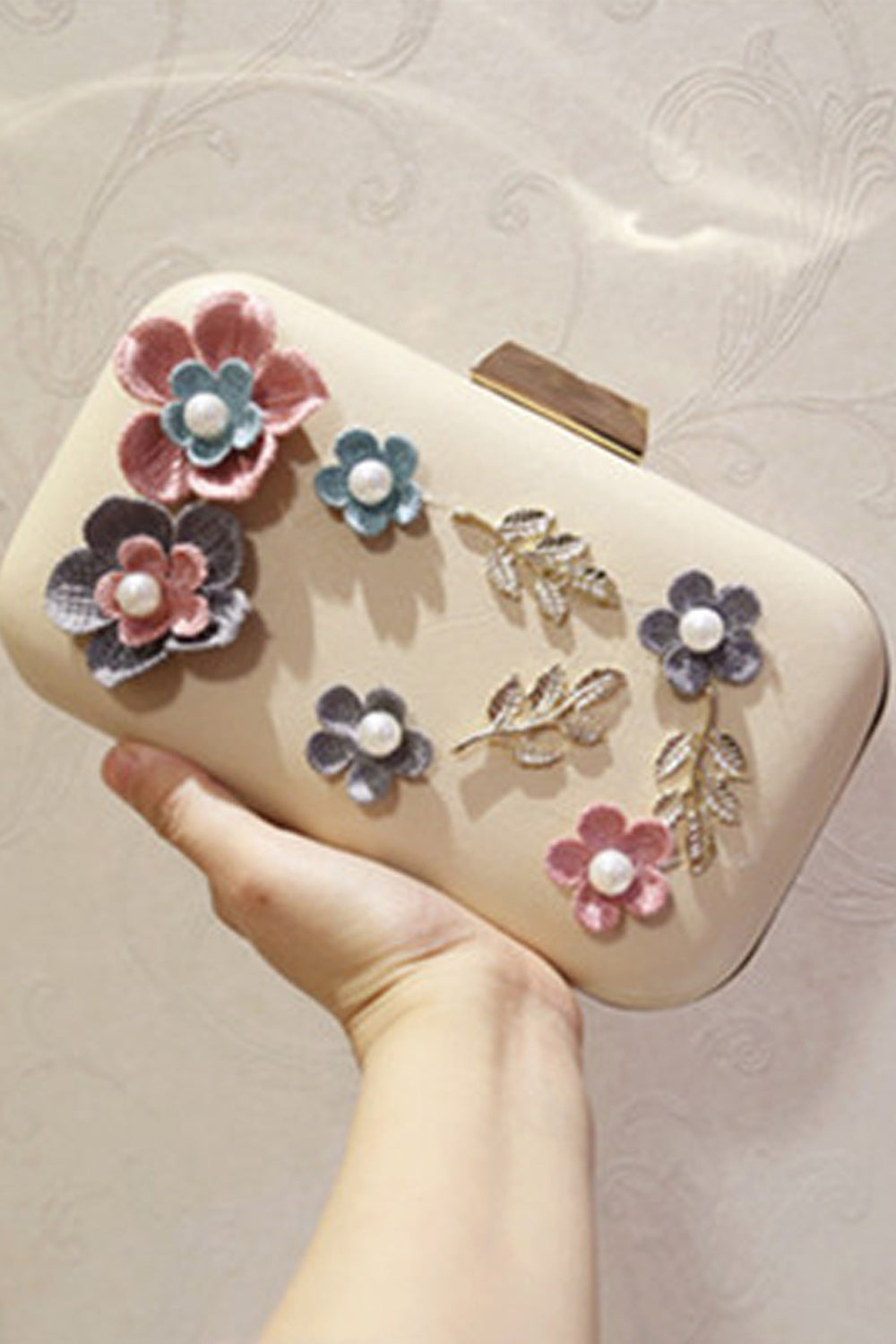 Women Flower Decorated Hook Closure Diagonal Evening Clutch Bag