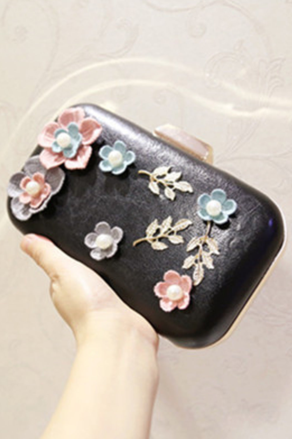 Women Flower Decorated Hook Closure Diagonal Evening Clutch Bag