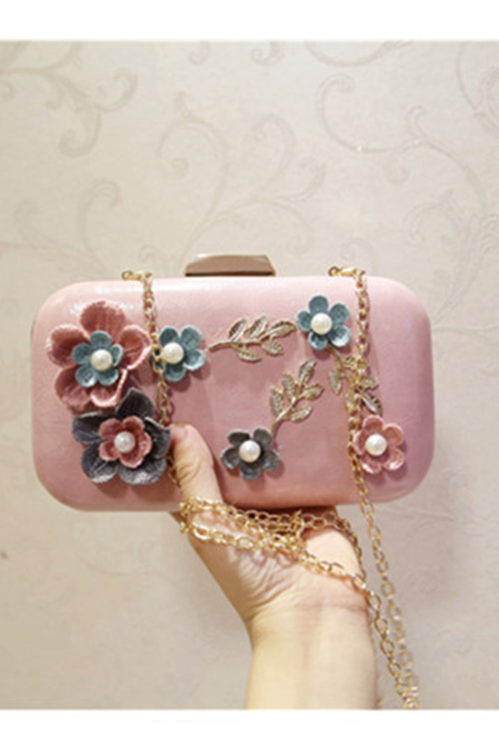 Women Flower Decorated Hook Closure Diagonal Evening Clutch Bag