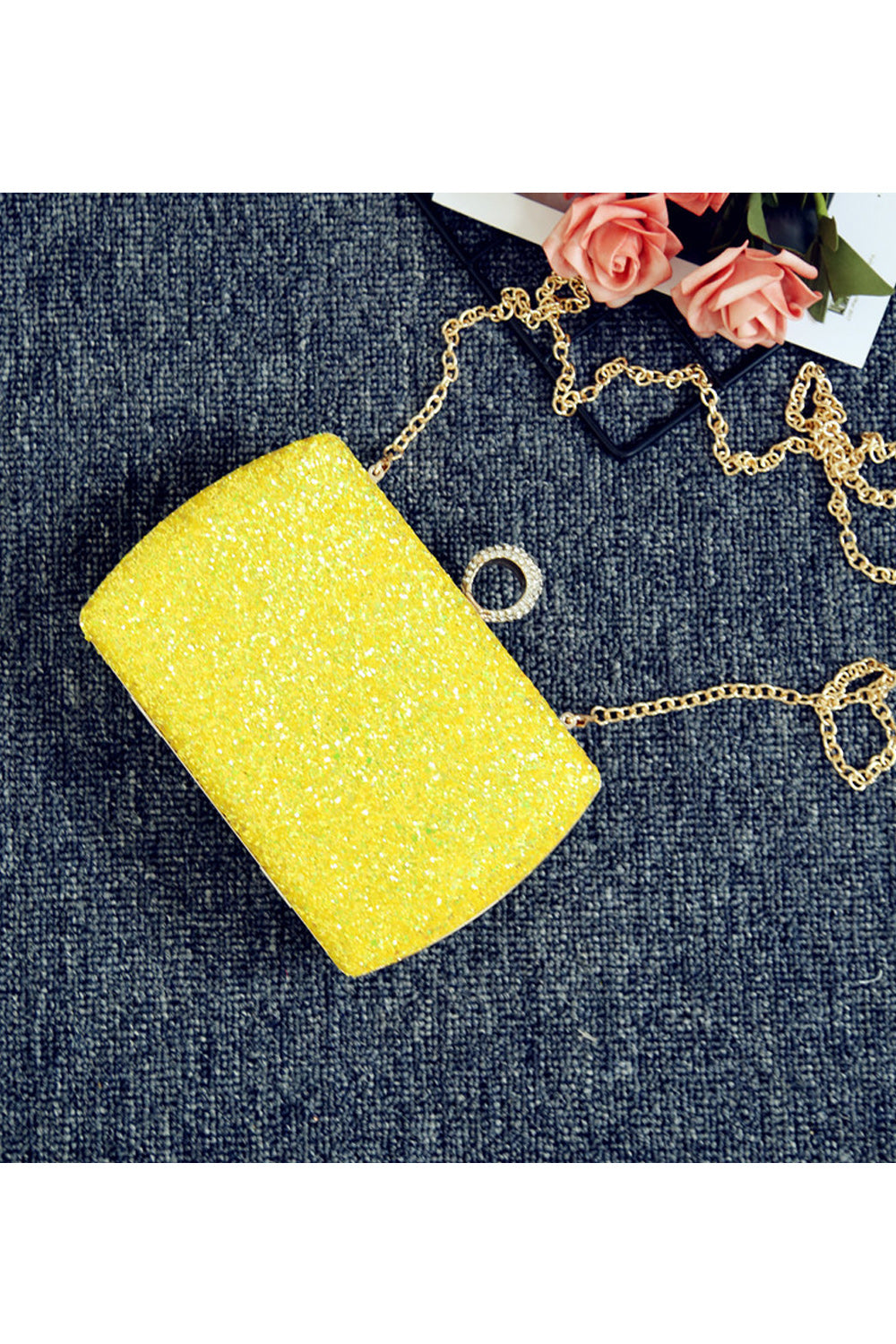 Women Sequin Rhinestones Decorated Hook Closure Long Chain Handbag